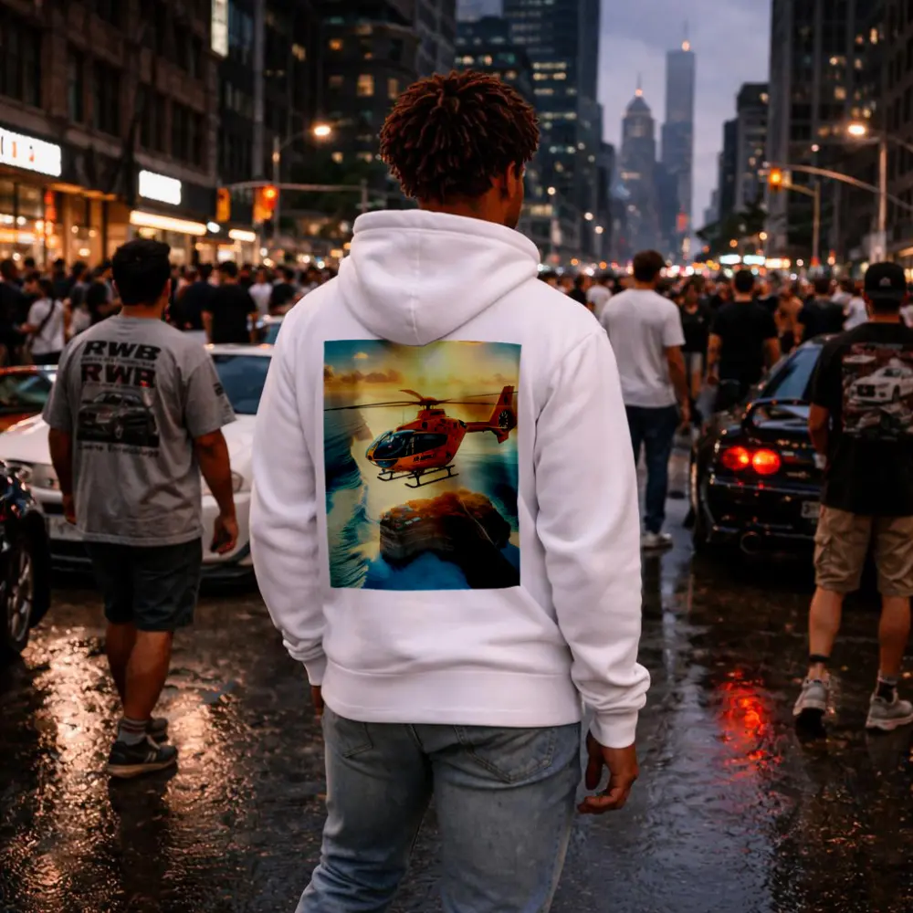 Orange Helicopter Flying Over Coastal Island Sunset – Hoodies