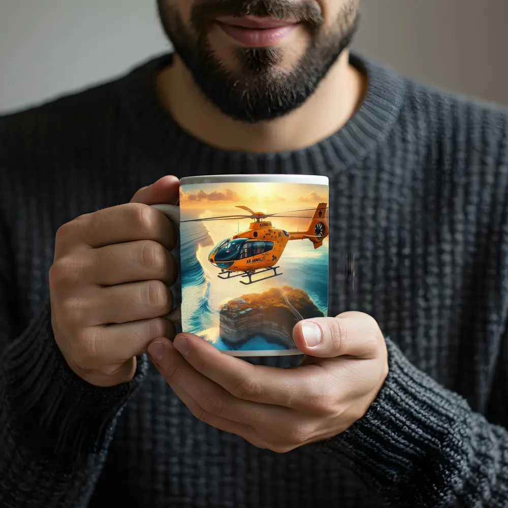 Orange Helicopter Flying Over Coastal Island Sunset – Mugs