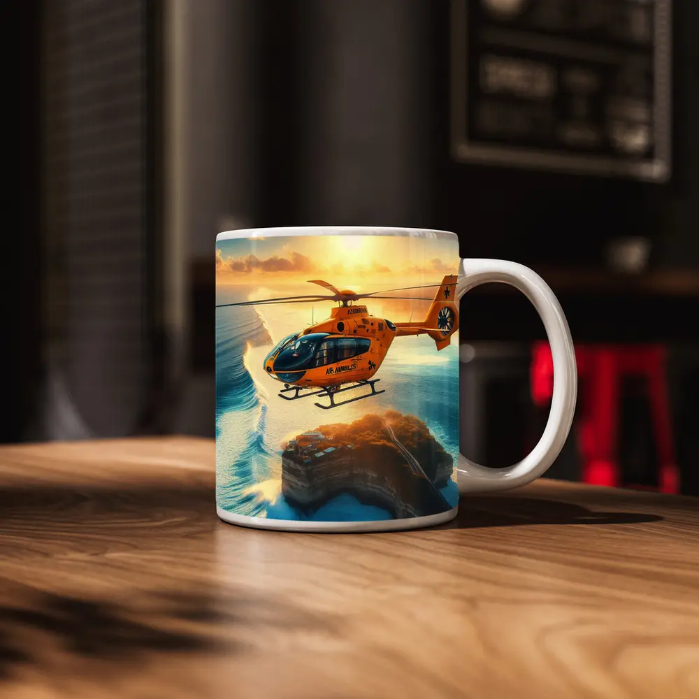 Orange Helicopter Flying Over Coastal Island Sunset – Mugs