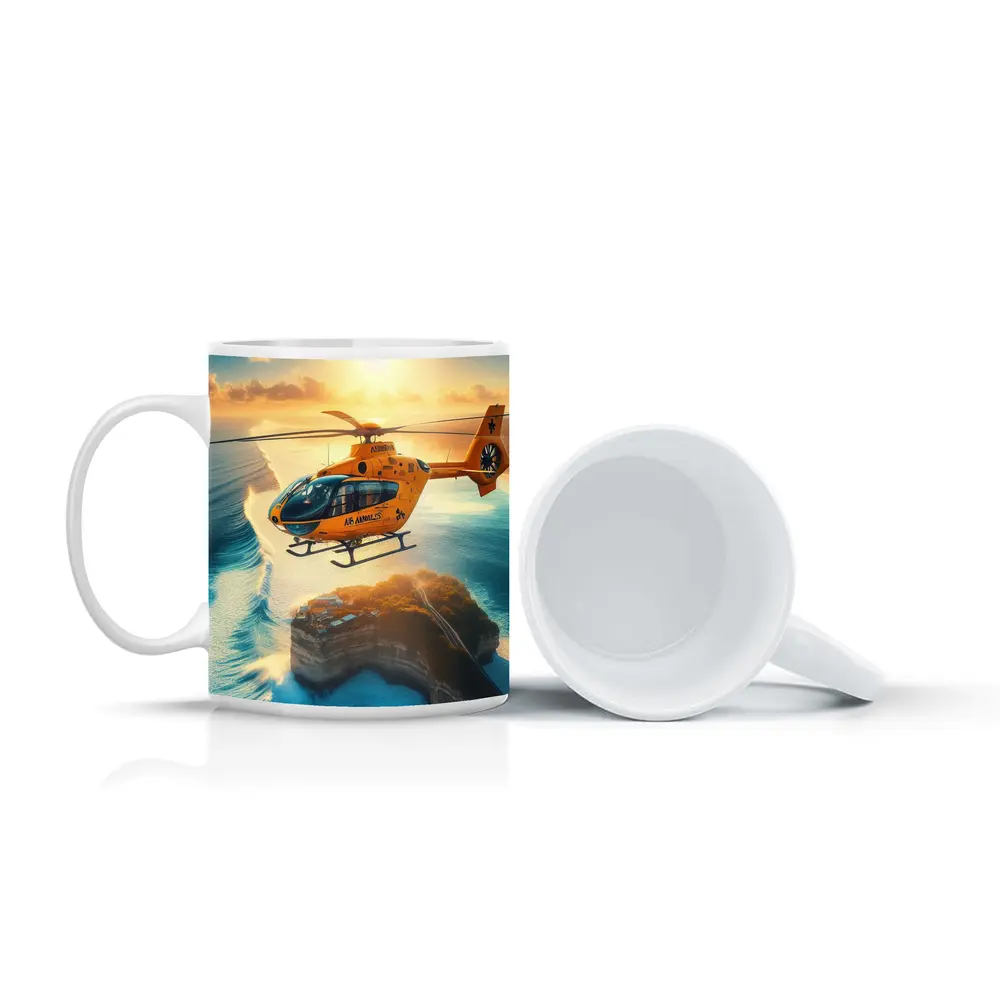 Orange Helicopter Flying Over Coastal Island Sunset – Mugs