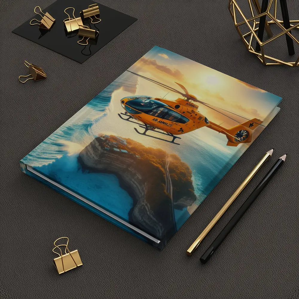 Orange Helicopter Flying Over Coastal Island Sunset – Notebooks
