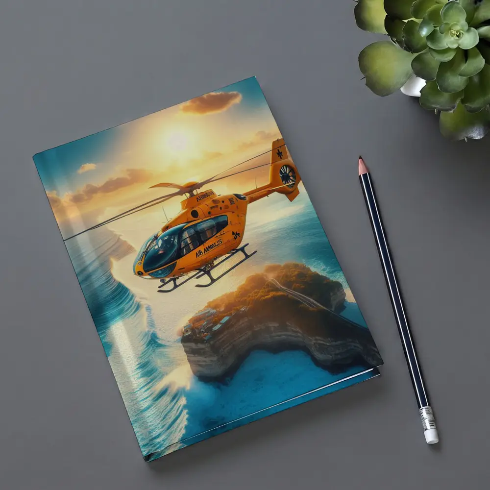 Orange Helicopter Flying Over Coastal Island Sunset – Notebooks