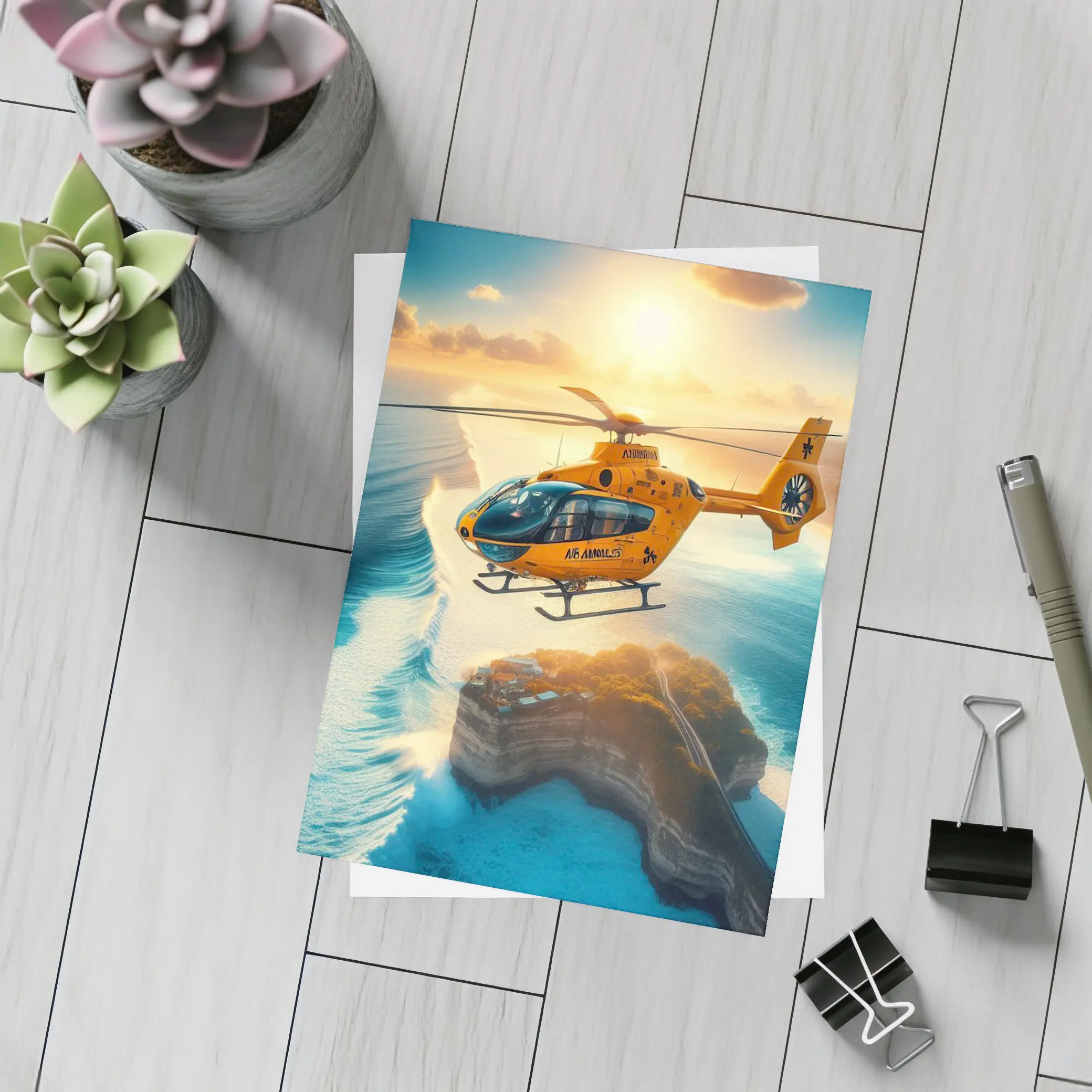 Orange Helicopter Flying Over Coastal Island Sunset – Postcards
