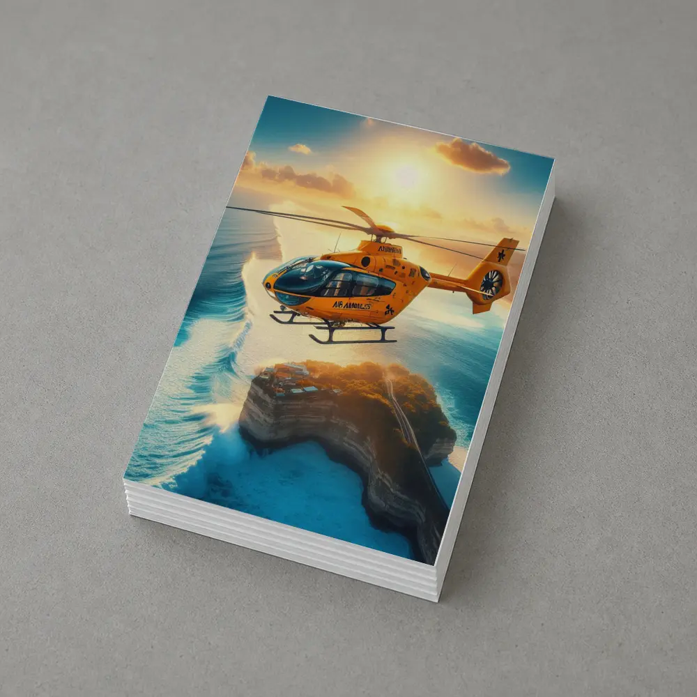 Orange Helicopter Flying Over Coastal Island Sunset – Postcards