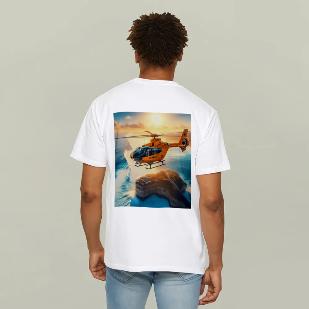 Orange Helicopter Flying Over Coastal Island Sunset – T-Shirts