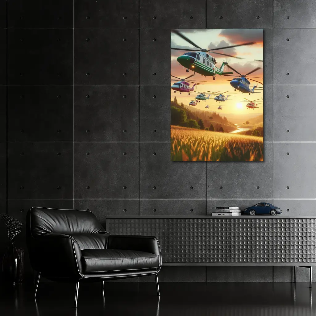 Colorful Helicopters Flying Over Sunset Fields – Wall Art