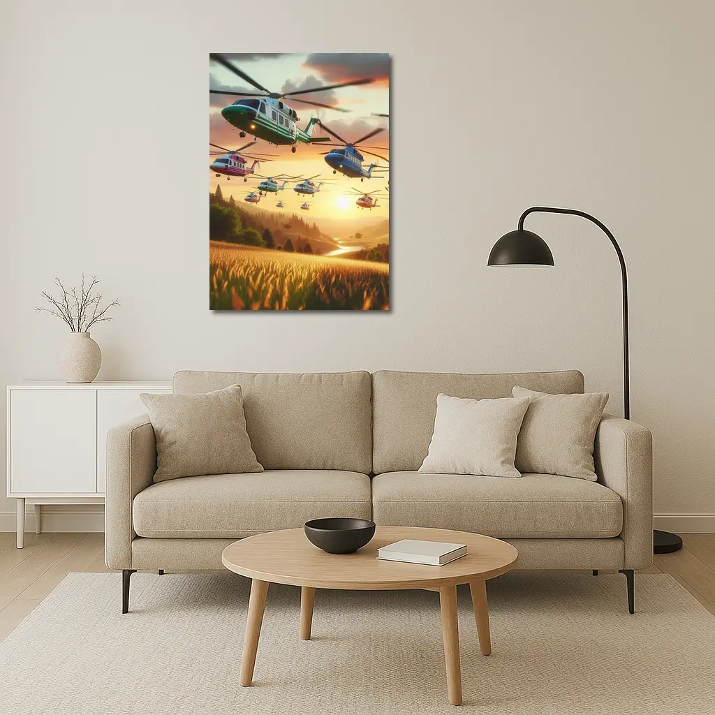 Colorful Helicopters Flying Over Sunset Fields – Wall Art