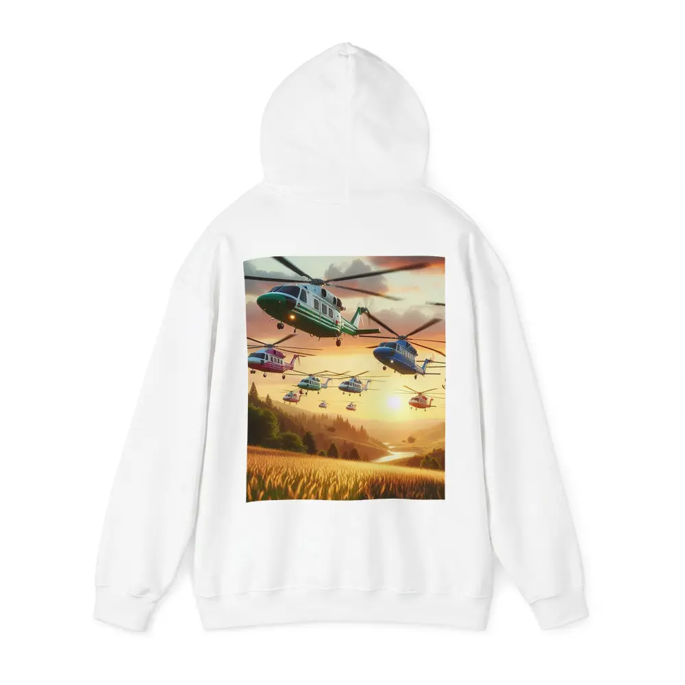 Colorful Helicopters Flying Over Sunset Fields – Hoodies