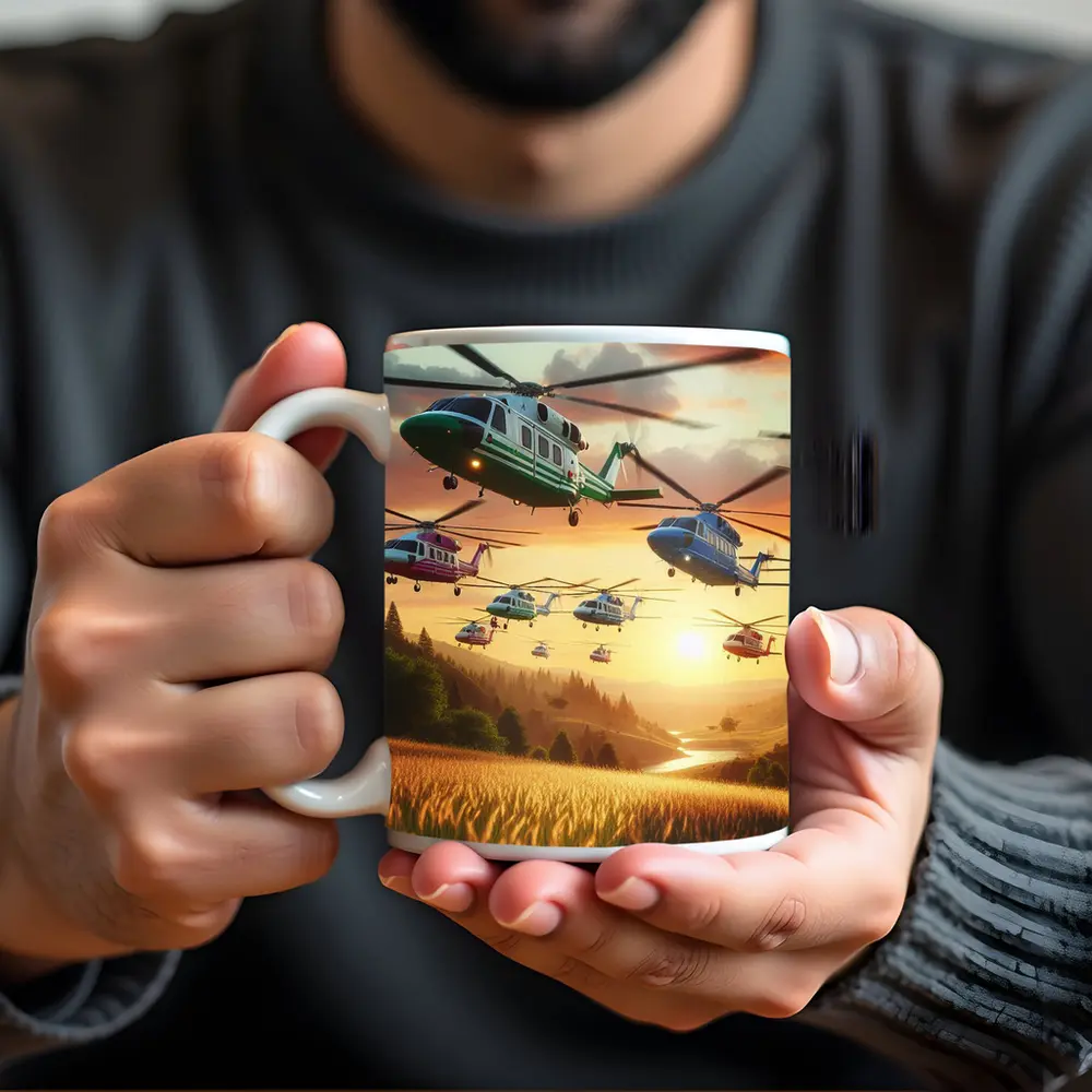 Colorful Helicopters Flying Over Sunset Fields – Mugs