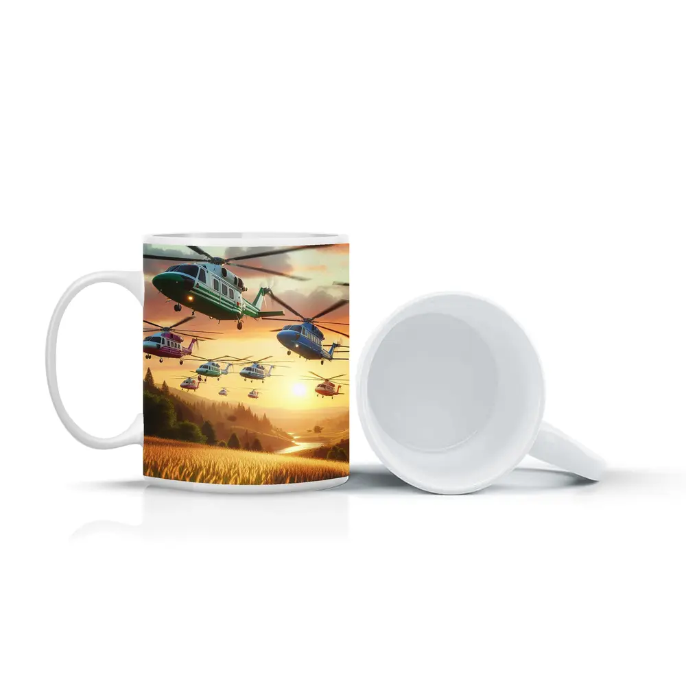 Colorful Helicopters Flying Over Sunset Fields – Mugs