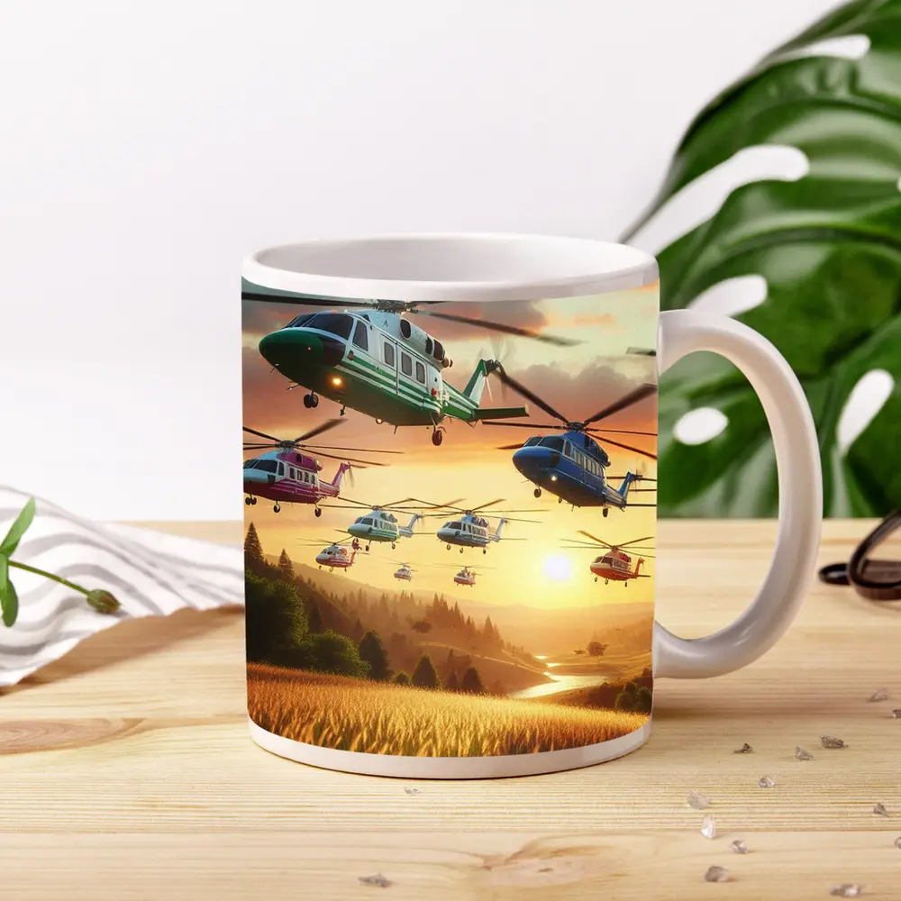 Colorful Helicopters Flying Over Sunset Fields – Mugs