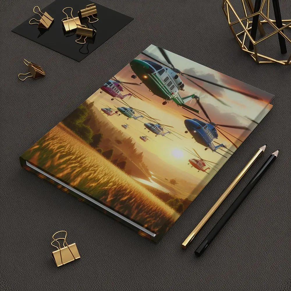 Colorful Helicopters Flying Over Sunset Fields – Notebooks