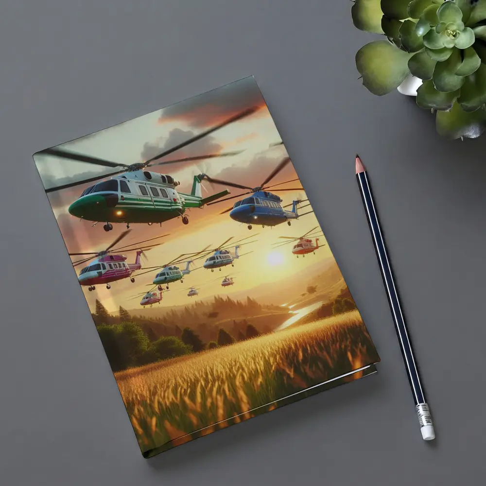 Colorful Helicopters Flying Over Sunset Fields – Notebooks