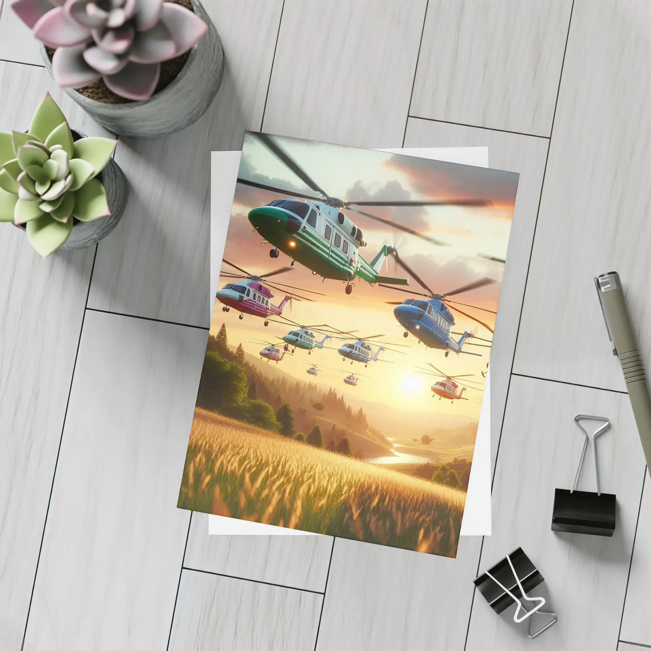 Colorful Helicopters Flying Over Sunset Fields – Postcards