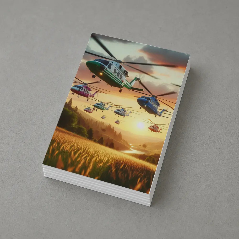 Colorful Helicopters Flying Over Sunset Fields – Postcards
