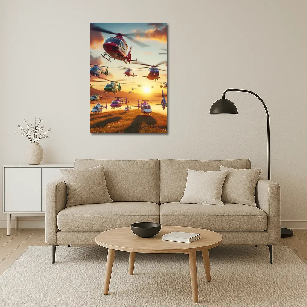 Many Helicopters Flying Over Sunset Field – Wall Art