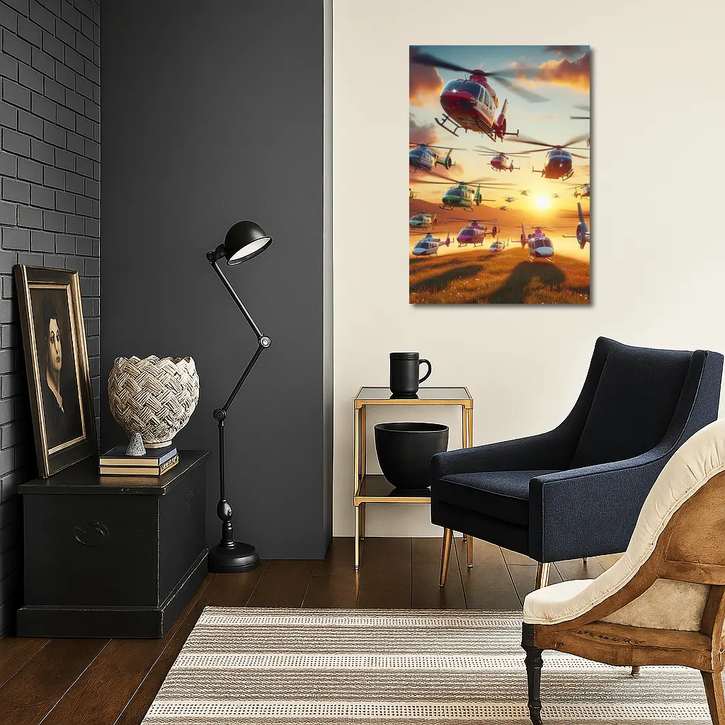 Many Helicopters Flying Over Sunset Field – Wall Art