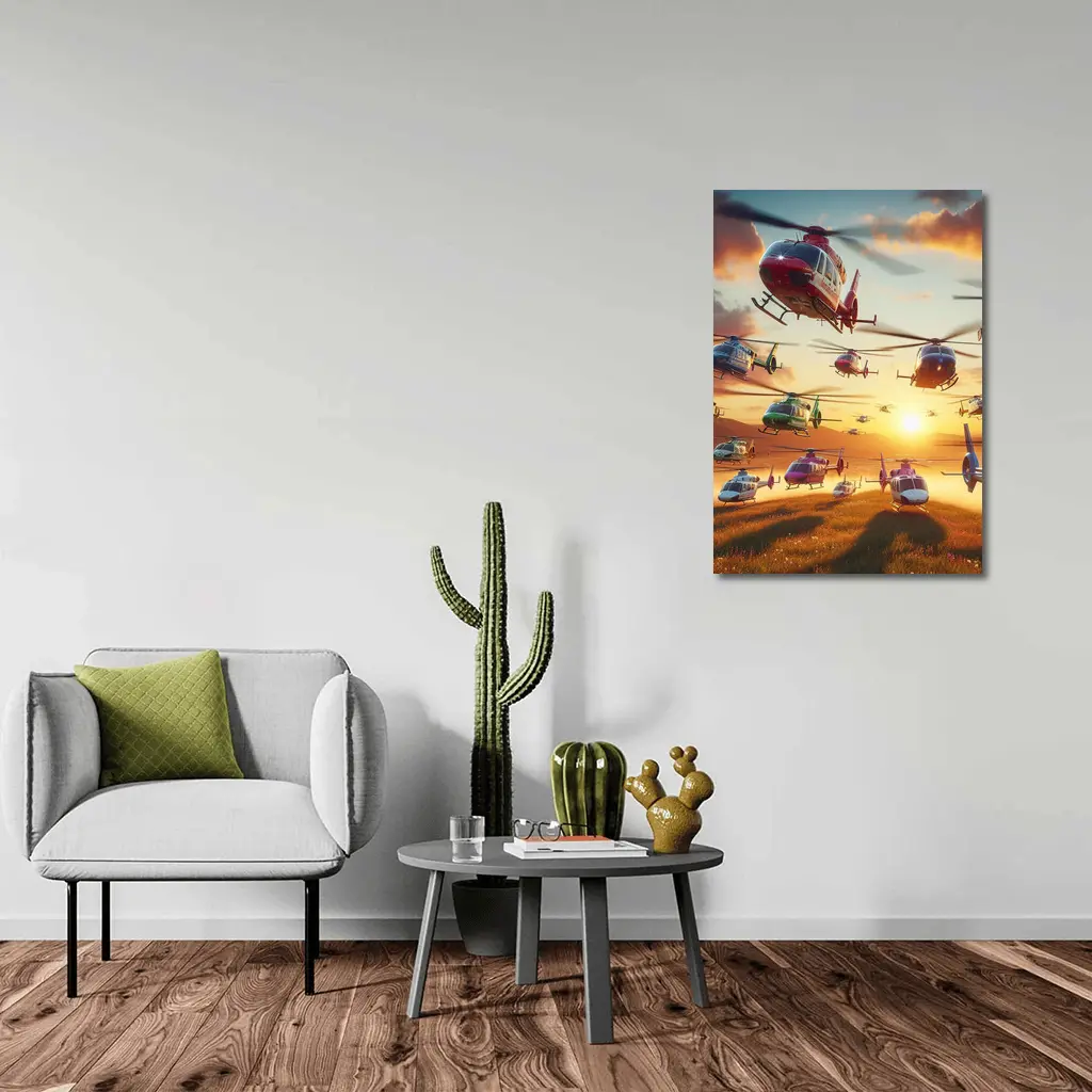 Many Helicopters Flying Over Sunset Field – Wall Art