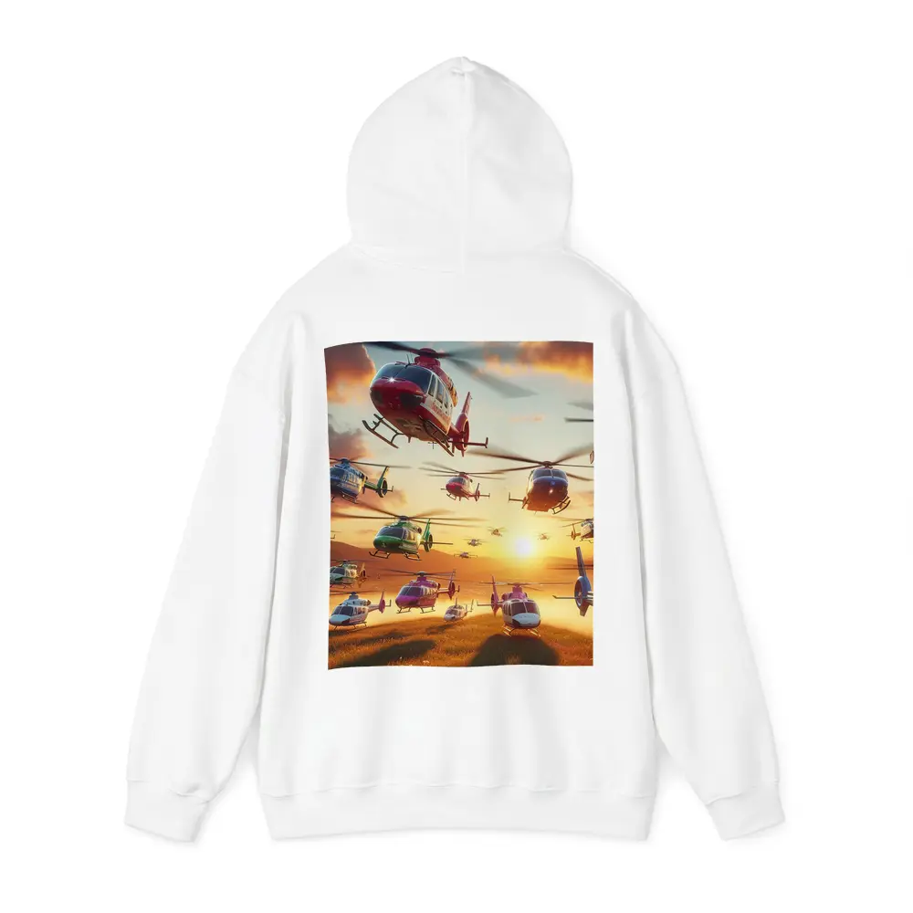 Many Helicopters Flying Over Sunset Field – Hoodies