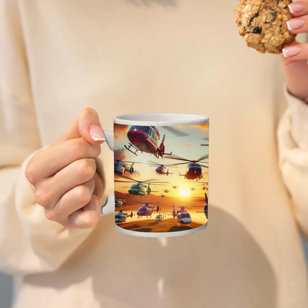 Many Helicopters Flying Over Sunset Field – Mugs