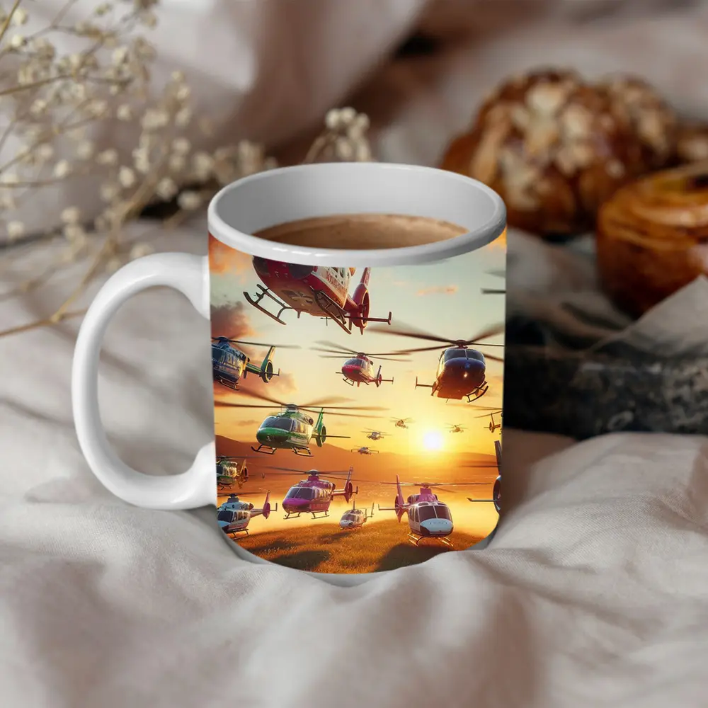 Many Helicopters Flying Over Sunset Field – Mugs