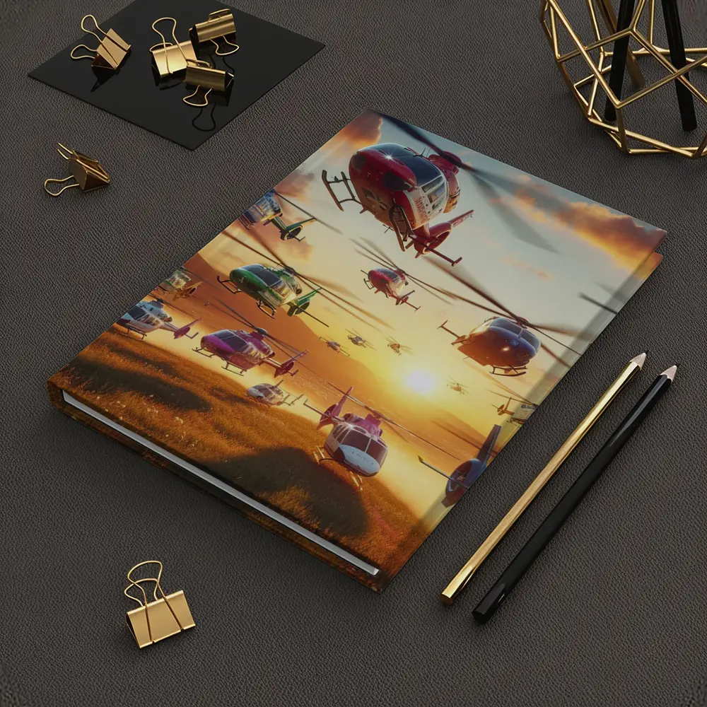 Many Helicopters Flying Over Sunset Field – Notebooks