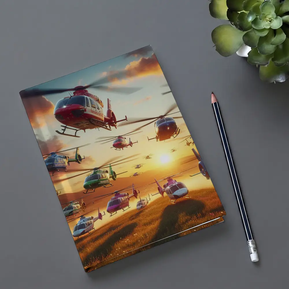 Many Helicopters Flying Over Sunset Field – Notebooks