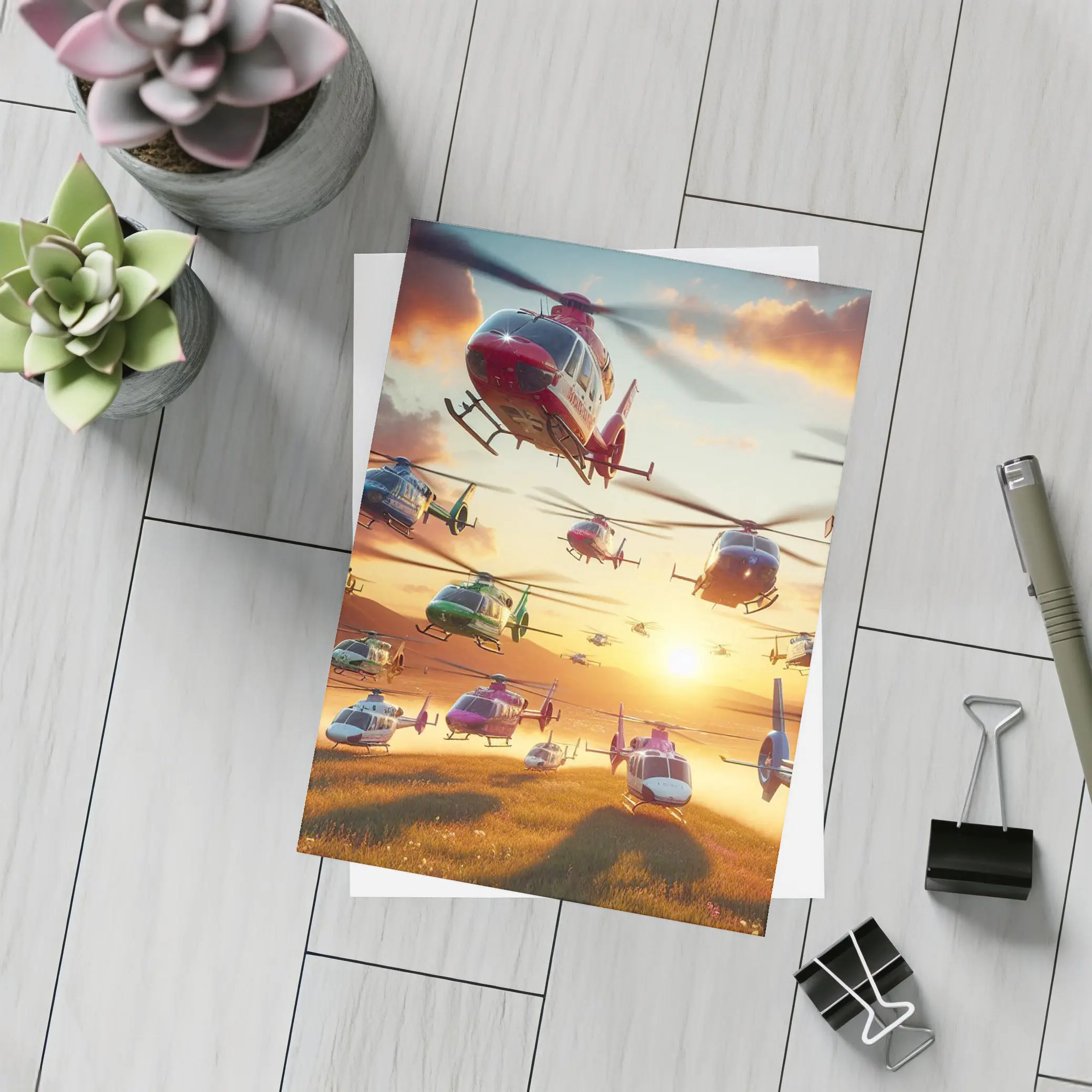 Many Helicopters Flying Over Sunset Field – Postcards