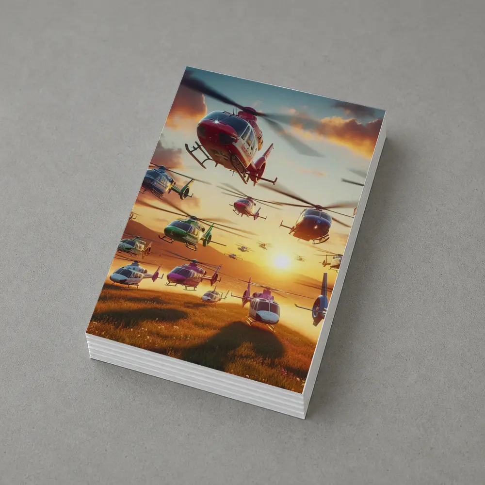 Many Helicopters Flying Over Sunset Field – Postcards