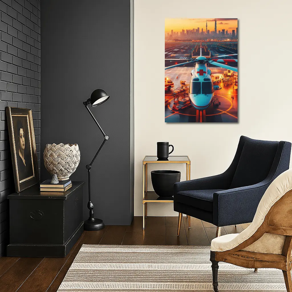 Medical Helicopter On Runway City Sunset – Wall Art