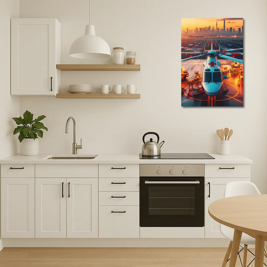 Medical Helicopter On Runway City Sunset – Wall Art