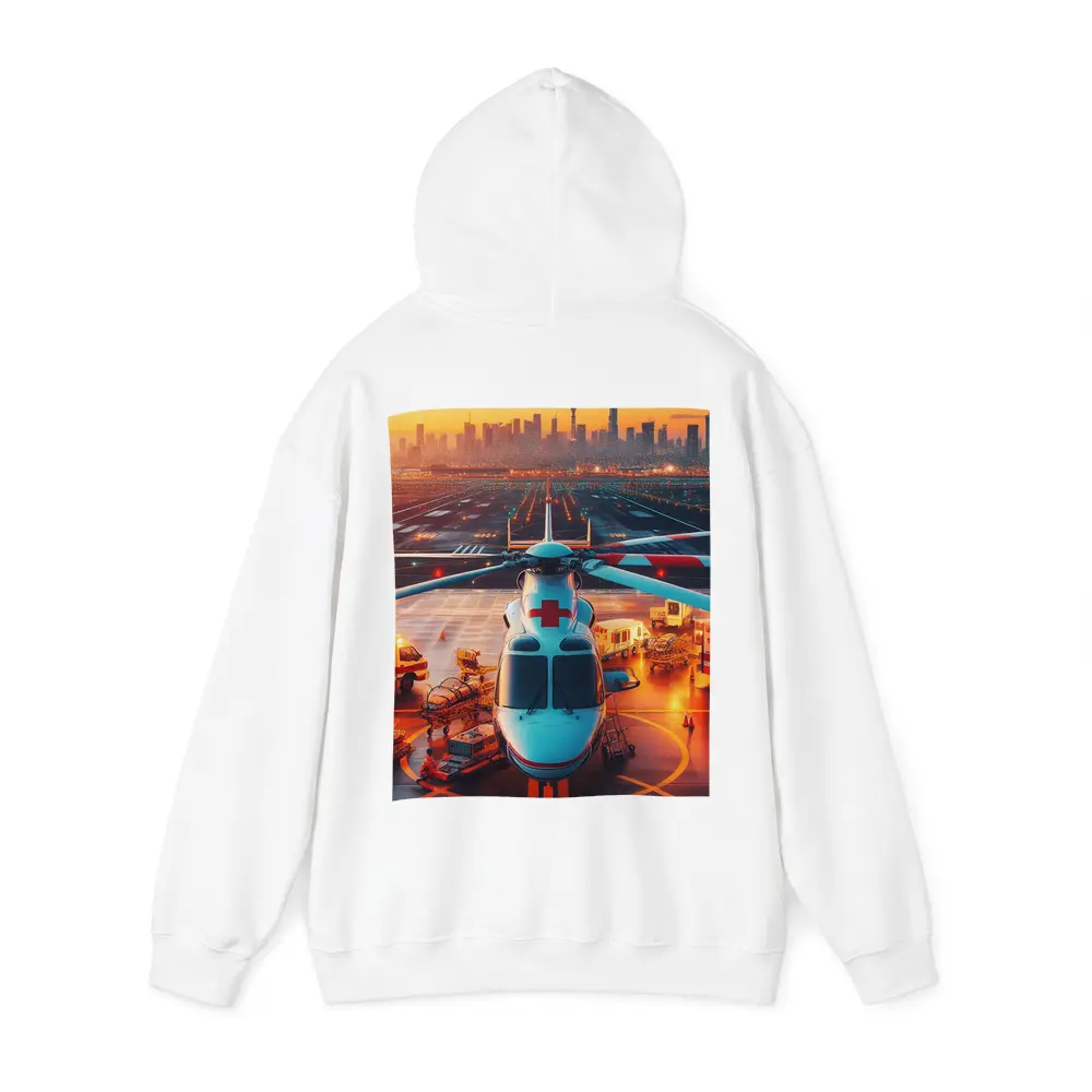 Medical Helicopter On Runway City Sunset – Hoodies