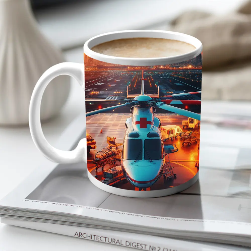 Medical Helicopter On Runway City Sunset – Mugs
