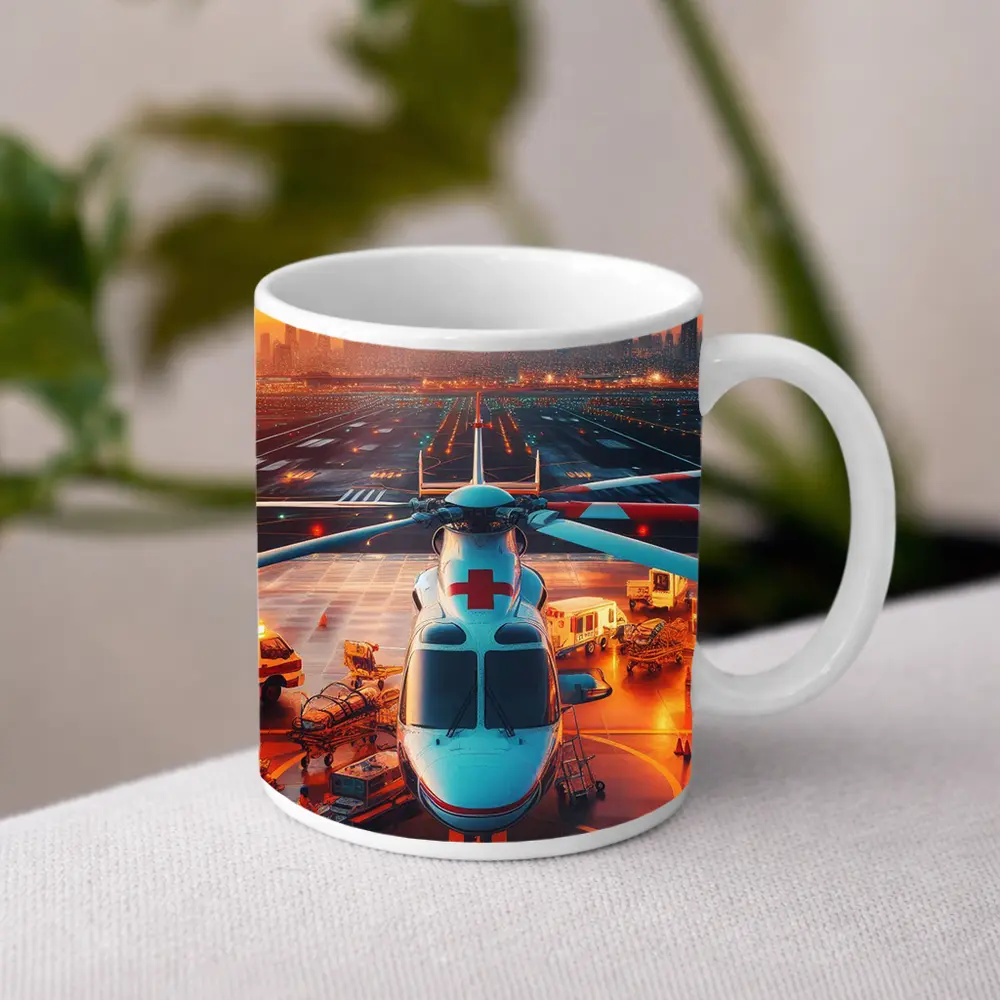 Medical Helicopter On Runway City Sunset – Mugs