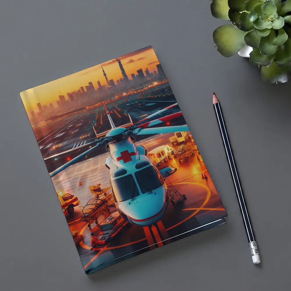 Medical Helicopter On Runway City Sunset – Notebooks