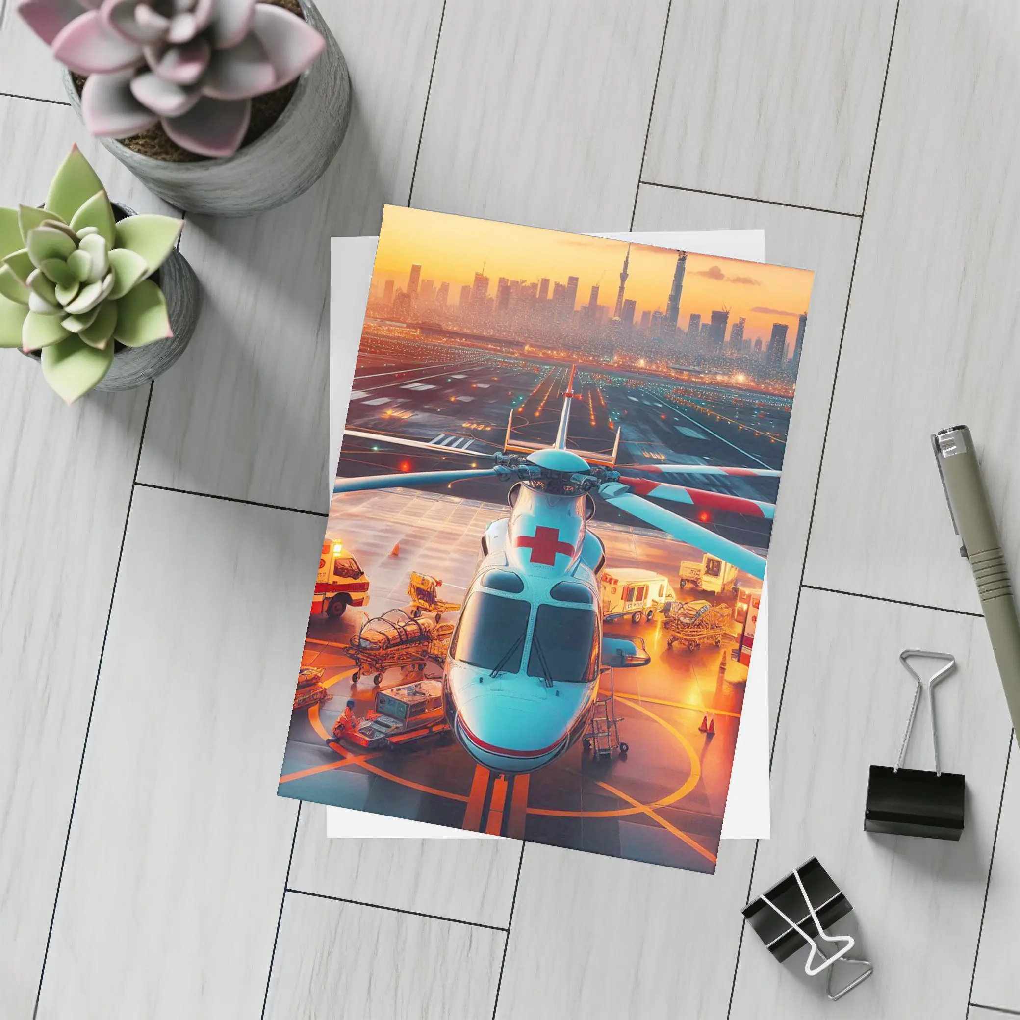 Medical Helicopter On Runway City Sunset – Postcards