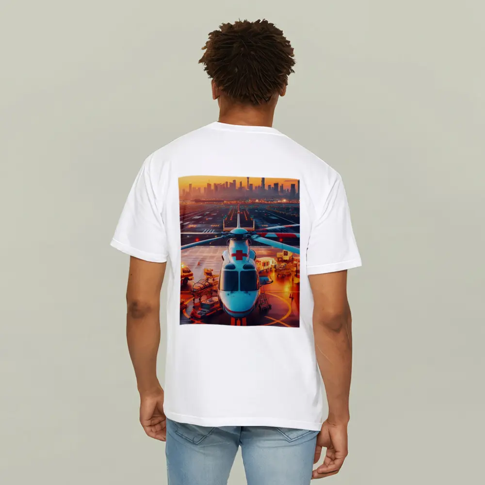 Medical Helicopter On Runway City Sunset – T-Shirts