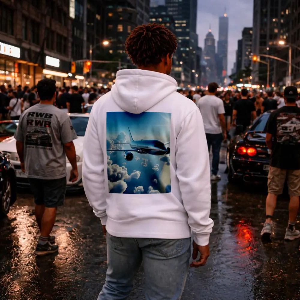 Commercial Airplane Flying Above Sunlit Clouds – Hoodies