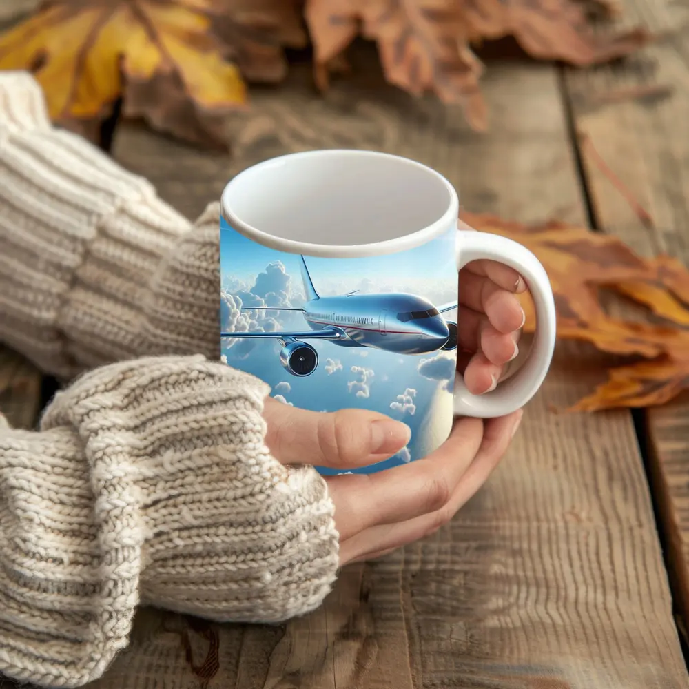 Commercial Airplane Flying Above Sunlit Clouds – Mugs