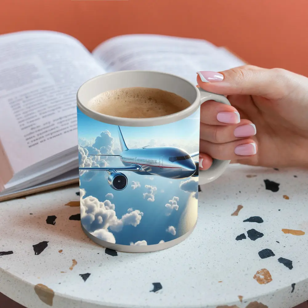 Commercial Airplane Flying Above Sunlit Clouds – Mugs