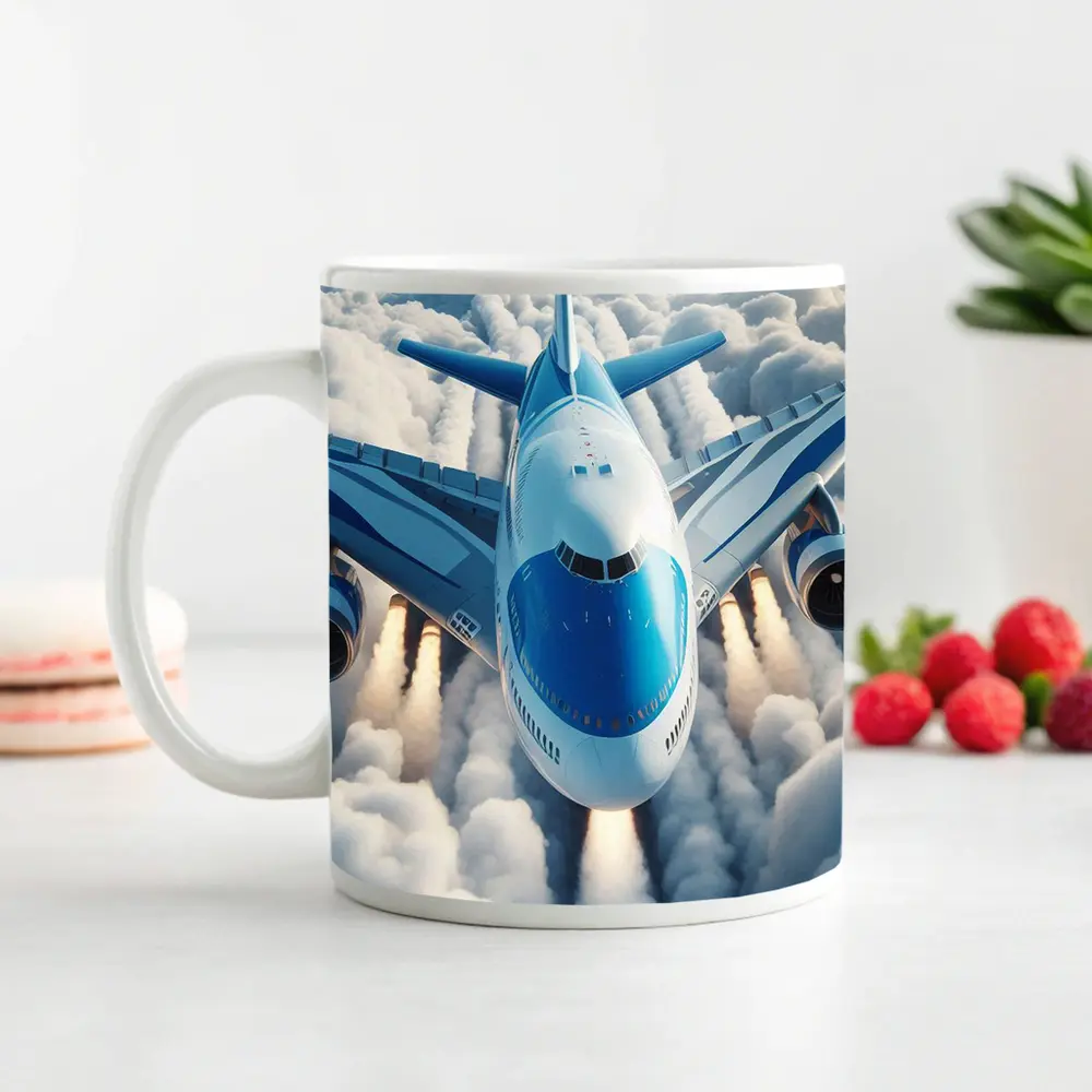 Commercial Airplane Flying Above White Clouds – Mugs