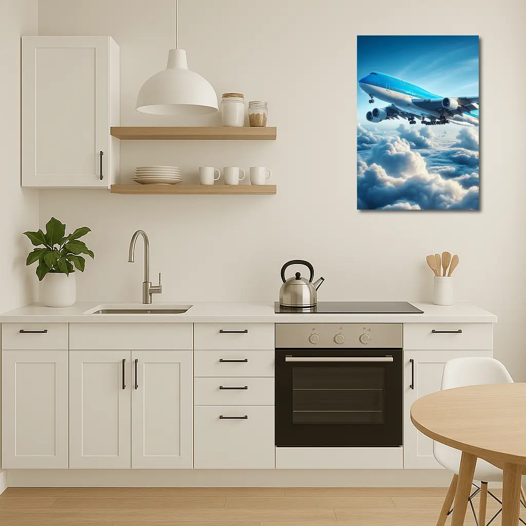 Blue Jumbo Jet Flying Above Clouds – Wall Art