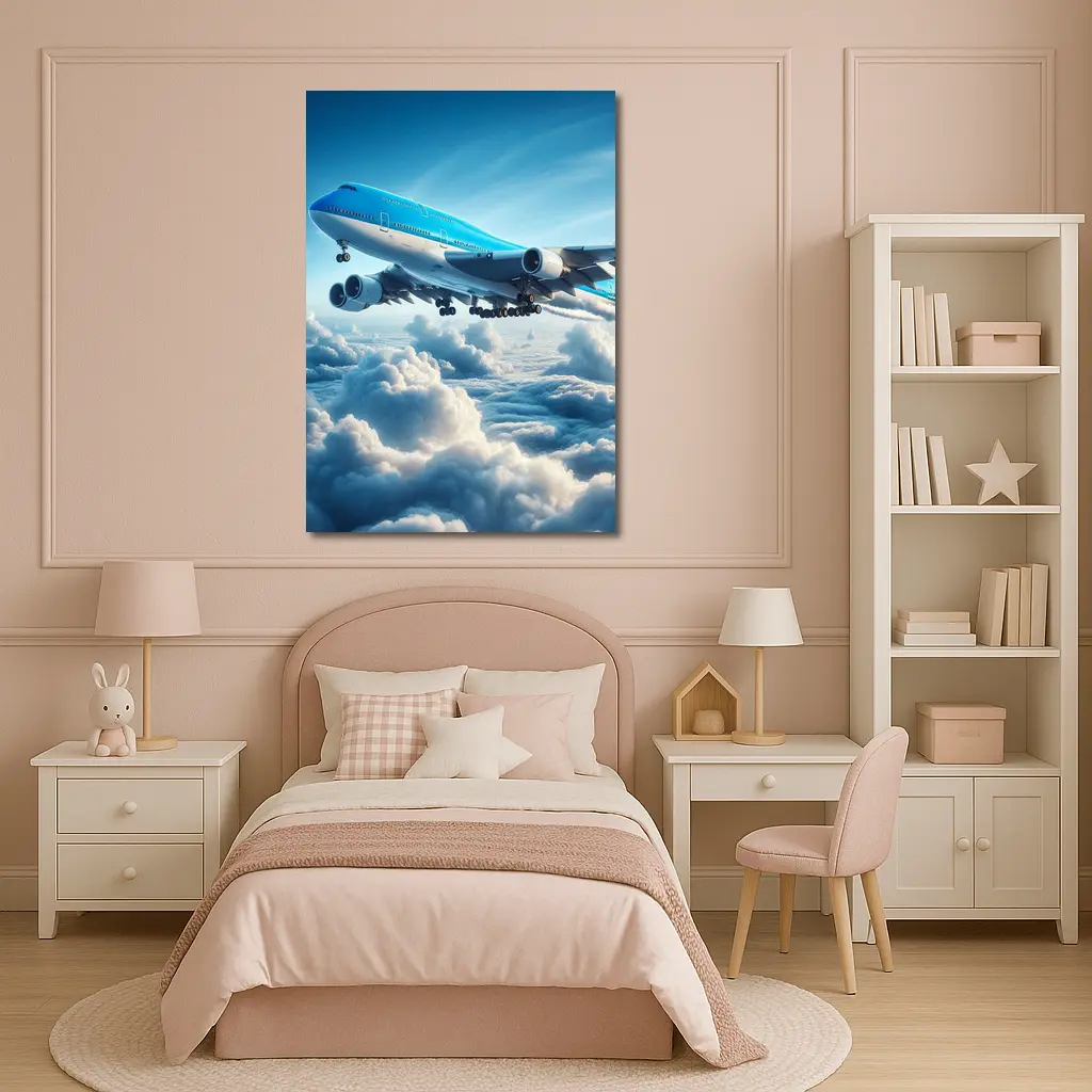 Blue Jumbo Jet Flying Above Clouds – Wall Art