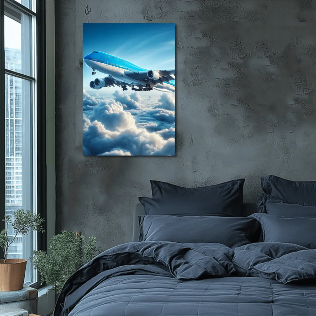 Blue Jumbo Jet Flying Above Clouds – Wall Art