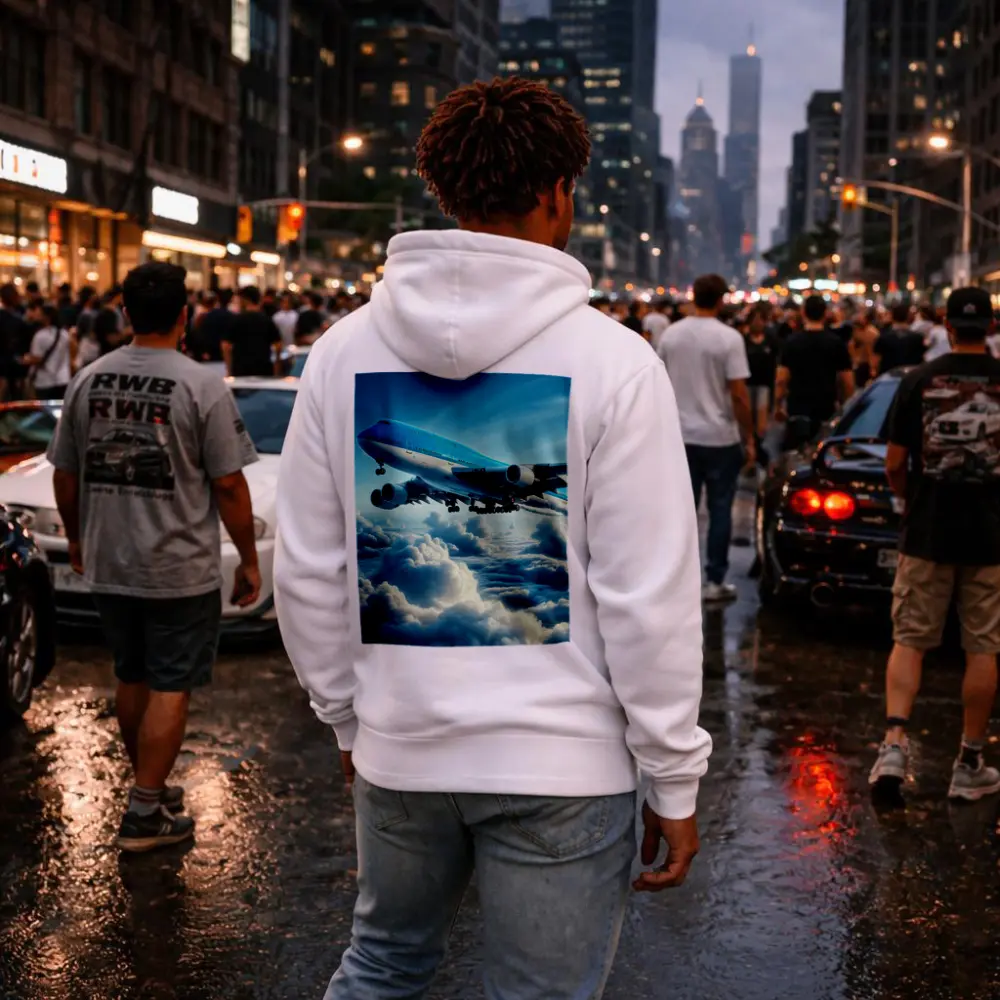Blue Jumbo Jet Flying Above Clouds – Hoodies