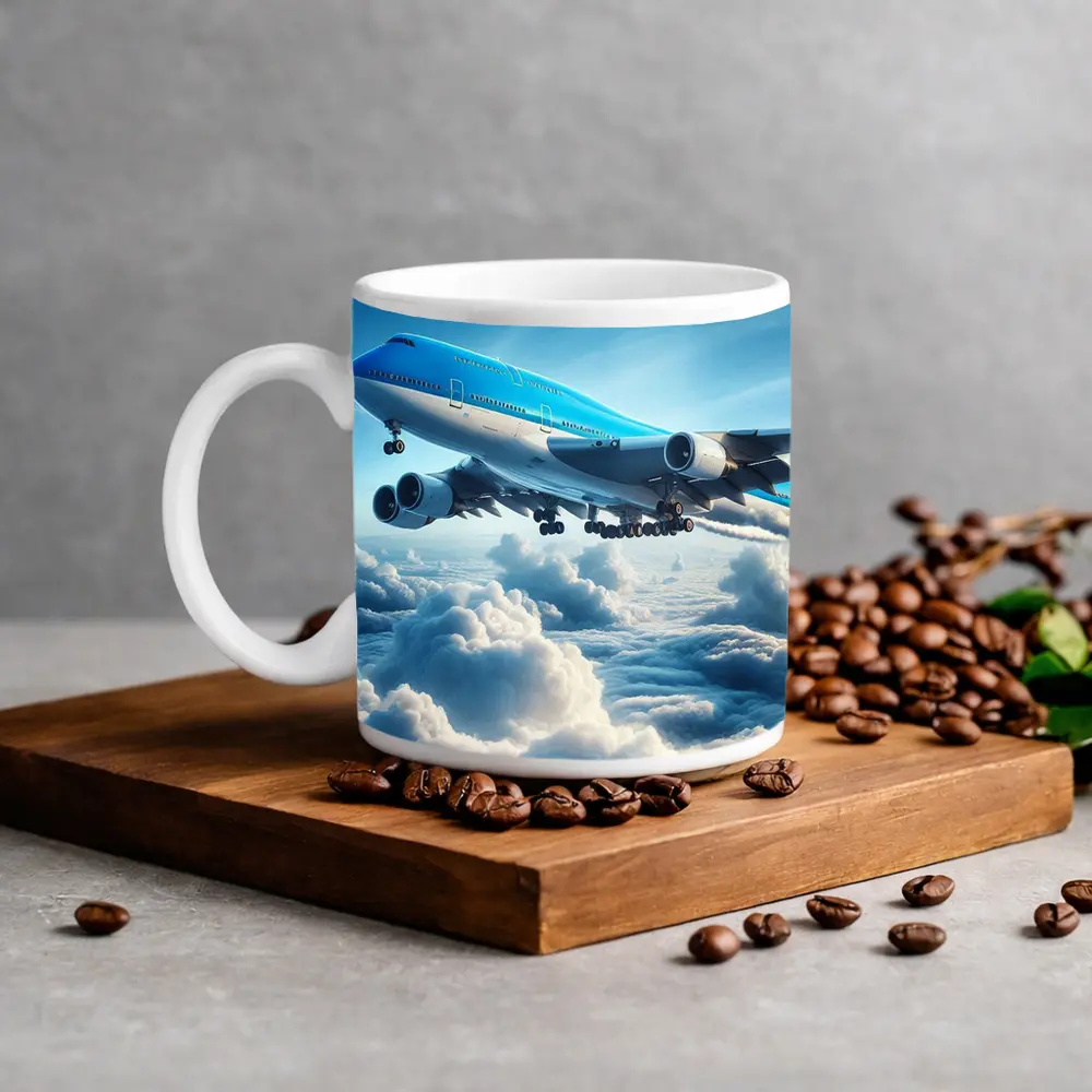 Blue Jumbo Jet Flying Above Clouds – Mugs