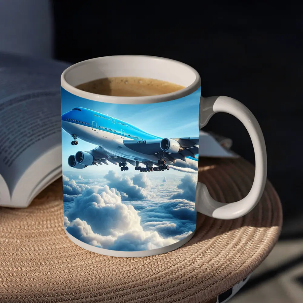 Blue Jumbo Jet Flying Above Clouds – Mugs