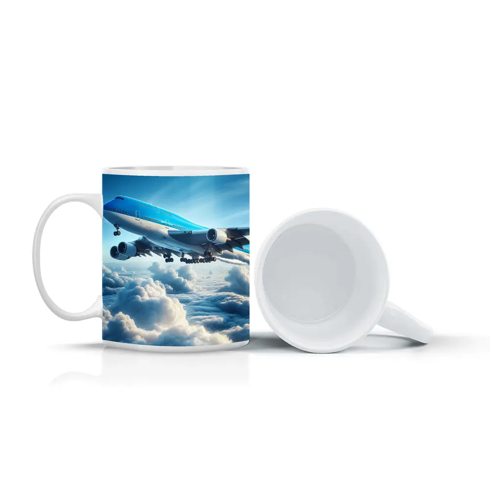 Blue Jumbo Jet Flying Above Clouds – Mugs