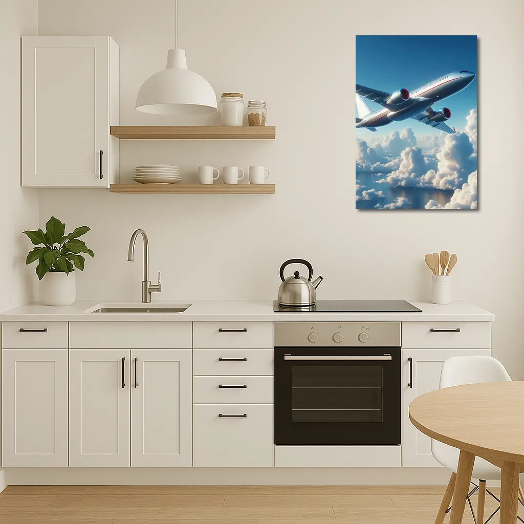 Commercial Airplane Flying Above Fluffy Clouds – Wall Art
