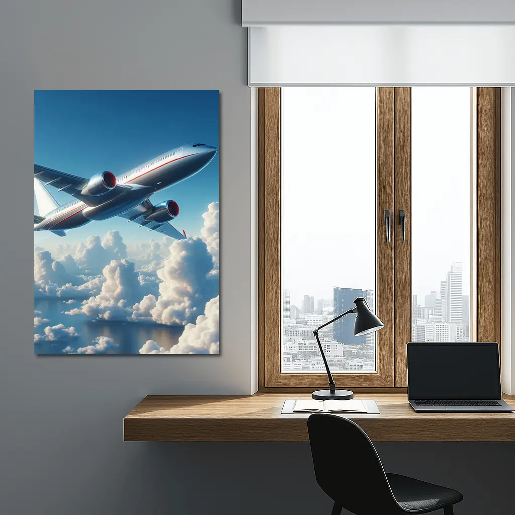 Commercial Airplane Flying Above Fluffy Clouds – Wall Art